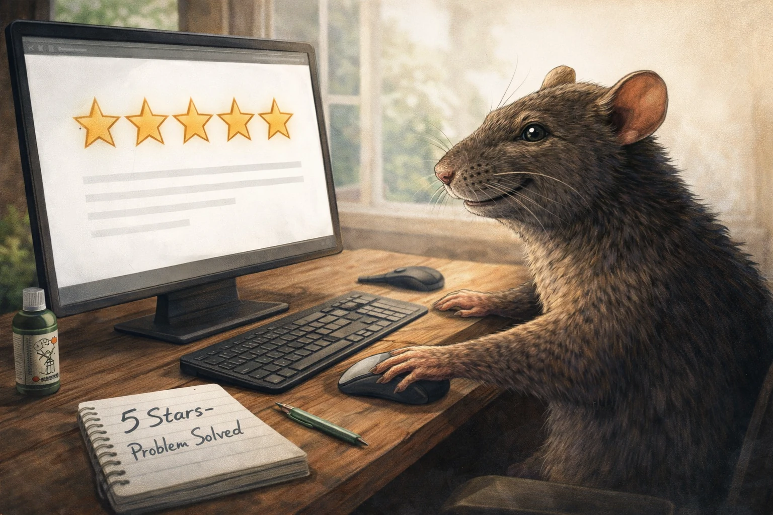 Illustration: a rat proudly writing a review at a desktop computer