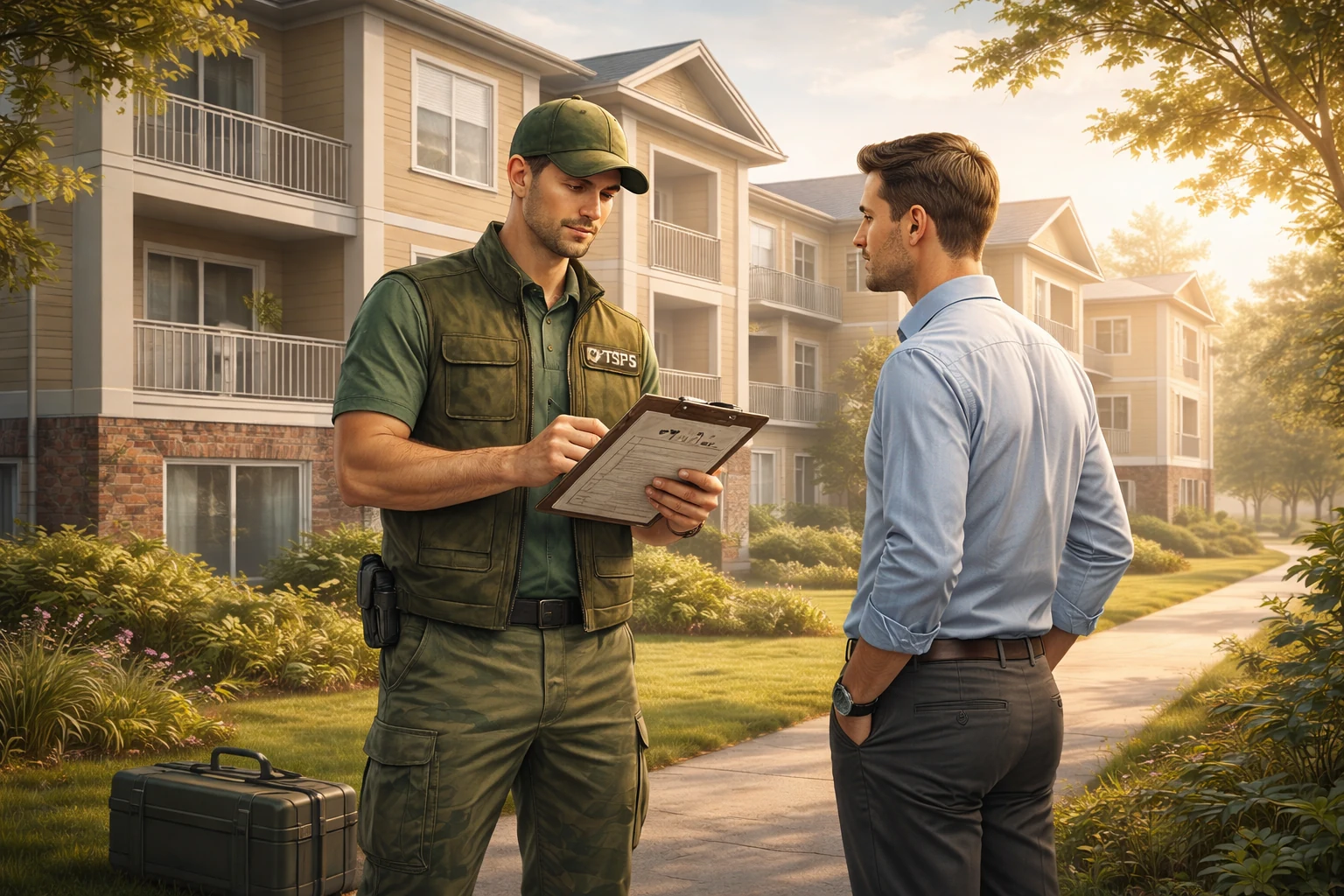 Tahoma technician discussing a commercial pest control inspection with a business client