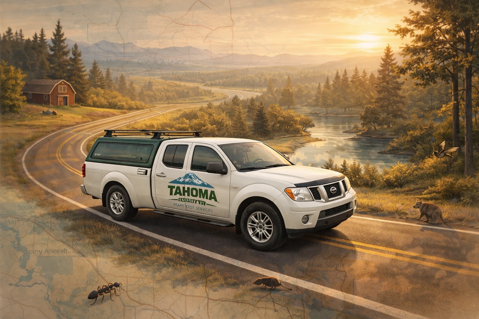 Tahoma Specialty Pest Services truck driving through the Inland Northwest service area